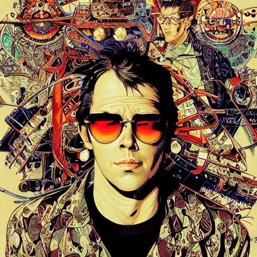 Prompt: portrait of hunter thompson, symmetrical, by yoichi hatakenaka, masamune shirow, josan gonzales and dan mumford, ayami kojima, takato yamamoto, barclay shaw, karol bak, yukito kishiro