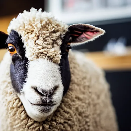 Image similar to award winning photo of a sheep at the barber shop bokeh f1.4 50mm