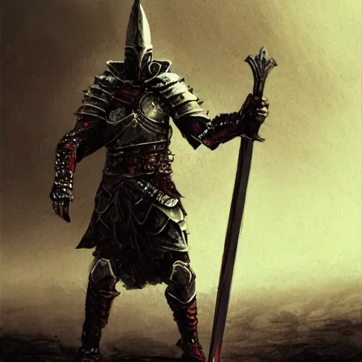 Prompt: crucible knight concept, wearing ancient armor, wielding a spear and a shield, wearing cape, dark soul concept art, elden ring concept art, beksinski