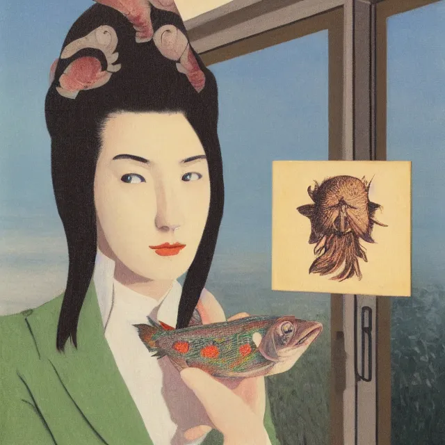 Prompt: tall emo female artist holding small portraits and fish on a train, on shinkansen in japan, odawara station, odawara castle, summer, sweat, ice coffee, pigs, octopus, acrylic on canvas, surrealist, by magritte and monet