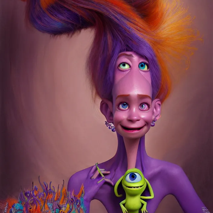 Prompt: psychedelic Monsters Inc. character, Pixar, diffuse lighting, fantasy, intricate, elegant, highly detailed, lifelike, photorealistic, digital painting, artstation, illustration, concept art, smooth, sharp focus, art by John Collier and Albert Aublet and Krenz Cushart and Artem Demura and Alphonse Mucha