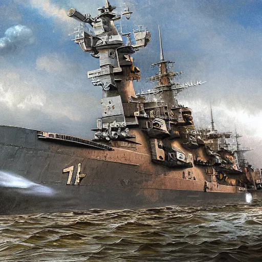 Image similar to battleship kongo close to military port, symmetrical mechanical features, cannons turrets, imperial japanase navy, hyper realistic, 4 k, rule of thirds, extreme detail, detailed drawing, trending artstation, hd, world world 2, d & d, realistic lighting, by alphonse mucha, greg rutkowski, sharp focus, backlit
