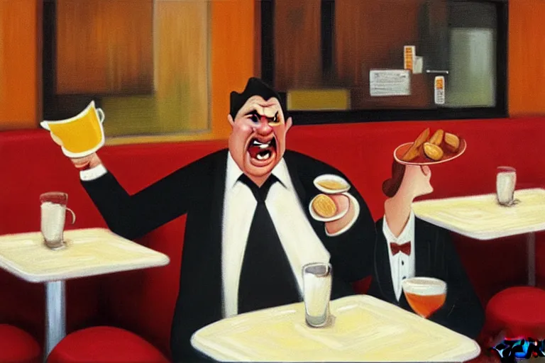 Image similar to a grumpy busser in a restaurant yells at the owner, art by dean macadam