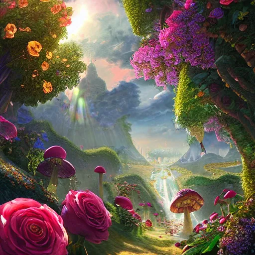 Image similar to A beautiful hyper detailed matte painting of a portrait of princess peach, running through a hedge garden of exotic flowers in the Mushroom Kingdom, giant mushrooms, and roses, from behind, streets, birds in the sky, sunlight and rays of light shining through trees, art by Ted Nasmith and Peter Mohrbacher, 4k unreal engine