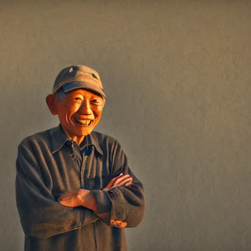 Prompt: a character portrait photo of a smiling old japanese man, hopeful, photojournalism, war photography, adobe, canon, nikon, flickr contest winner, neo-expressionism, art photography, busy background, hyperrealism, chiaroscuro, anamorphic lens flare, elegant, shallow depth of field, haze, volumetric lighting, photo taken with provia, 24mm, f1.8, by Filip Hodas, by Andrew Domachowski