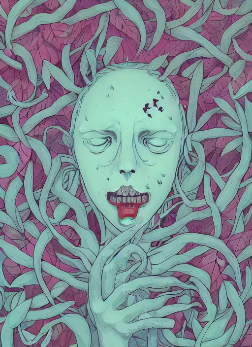 Image similar to portrait, nightmare anomalies, leaves by miyazaki, violet and pink and white palette, illustration, kenneth blom, mental alchemy, james jean, pablo amaringo, naudline pierre, contemporary art, hyper detailed