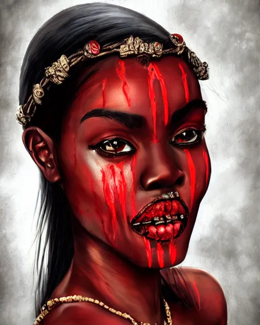 Image similar to beautiful ancient african demonic vampire girl, portrait, hyperrealistic, bloodstained