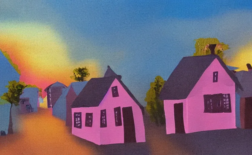Prompt: village, houses with faces, sunset atmosphere, pink, low contrast, naive, detailed