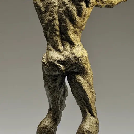 Image similar to sculpture of a cowering man, in the style of alberto giacometti