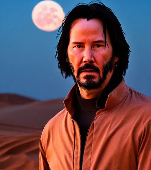 Image similar to keanu reeves as a jedi master, perfect symmetrical face, a red sand desert, full moon, moody lighting, 8 k, shallow depth of field, intricate detail,