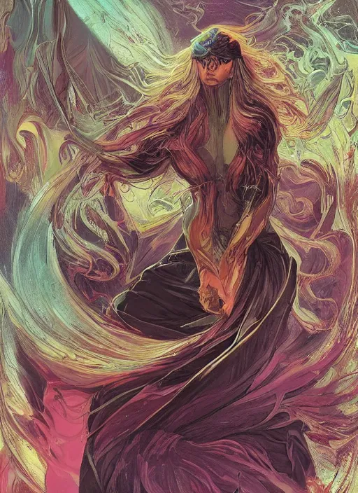 Image similar to book frontcover, side portrait, dark witch with black hood and evil eyes, realism, soft, smooth, luminescent, art nouveau tarot, backlit glow, colorful swirly ripples, gaudy colors, aesthetic octane render, unreal engine, 8 k, by artgerm, greg rutkowski, alphonse mucha