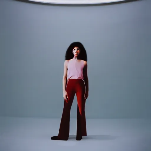 Image similar to realistic photoshooting for a new balenciaga lookbook, color film photography, portrait of a beautiful woman, location in a set design by james turrell, in style of Tyler Mitchell, 35mm,