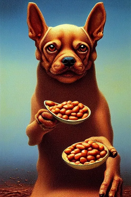 Prompt: painting of a very cute dog fused with british baked beans, dog is made of baked beans, baked bean skin texture, by zdzislaw beksinski, by dariusz zawadzki, by wayne barlowe, gothic, surrealism, cosmic horror, lovecraftian, cold hue's, warm tone gradient background, concept art, beautiful composition