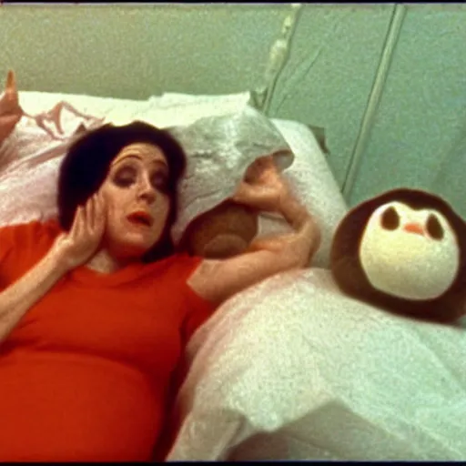 Image similar to woman who has given birth to a squishy inflatable toy, in hospital bed, 1974 Fellini film, archival footage, technicolor film, 16mm, wacky children's tv with anthropomorphic animal