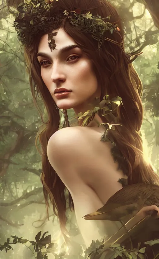 Prompt: Greek Goddess Artemis in forest with animals, medium shot portrait by loish and WLOP, octane render, dynamic lighting, asymmetrical portrait, dark fantasy, trending on ArtStation