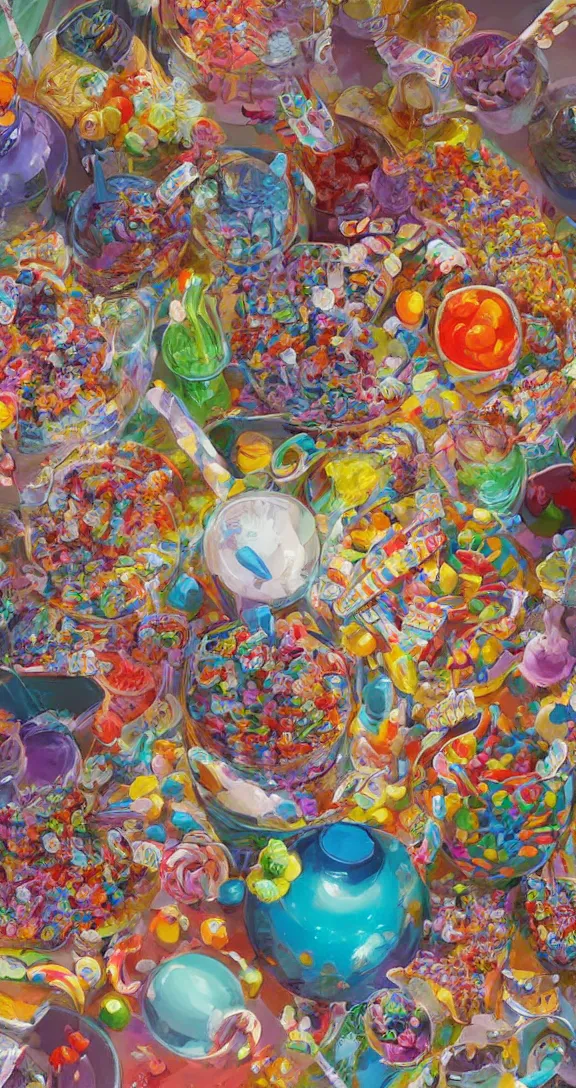 Prompt: A table full of candy, aerial view, maximalism, vibrant colors, optimistic colors, vivid, fun, by Studio Ghibli and Greg Rutkowski