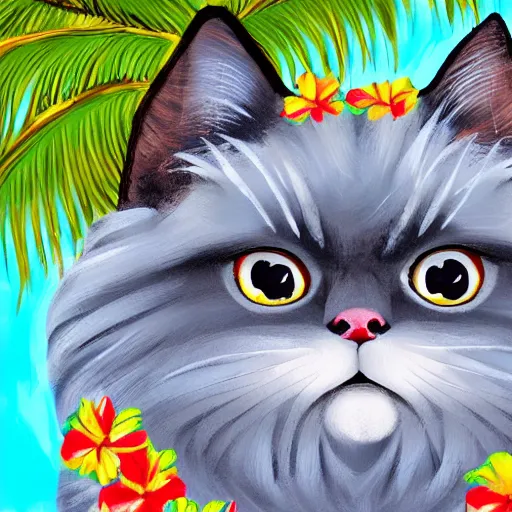 Prompt: anthropomorphic fluffy himalayan cat wearing hawaiian lei and flower crown, with palm tree background, detailed 4 k oil painting
