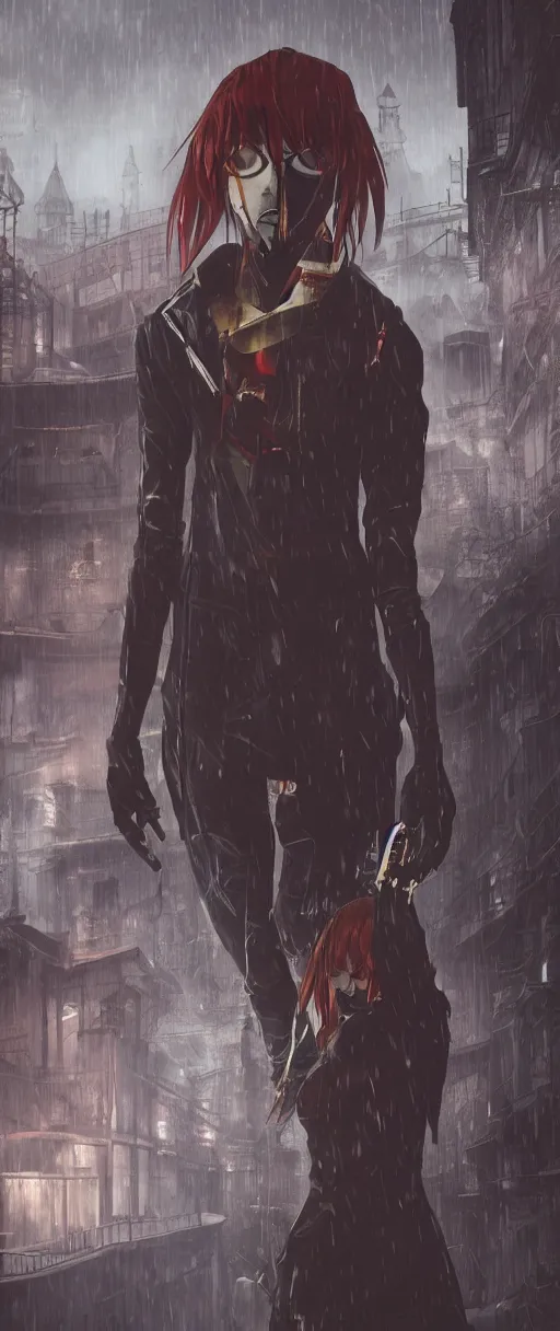 Image similar to asuka langley wearing zero mask in a dishonored town, dunwall city, advanced digital art, dishonored aesthetic, cinematic lighting, rainy weather, melancholy atmosphere, artstation, dunwall city, gothic architecture, volumetric light, octane render, dishonored game, dishonored 1, atmosphere or depression and despair