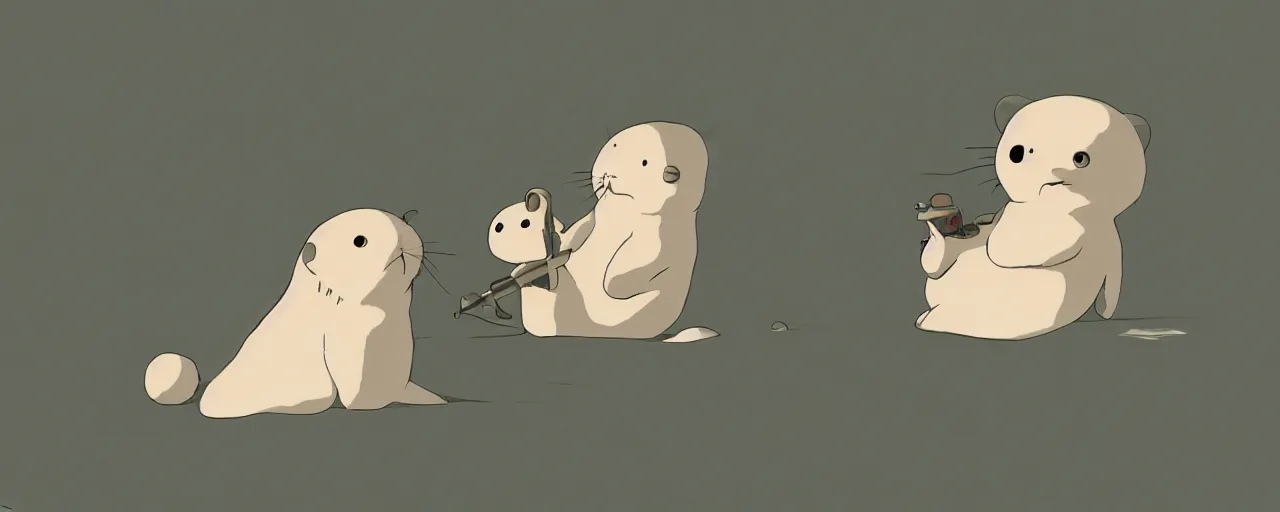 Image similar to baby harp seal pilot, 1 9 3 0 s, atey ghailan, goro fujita, studio ghibli, rim light, sad, bright daytime lighting, clear focus, very coherent