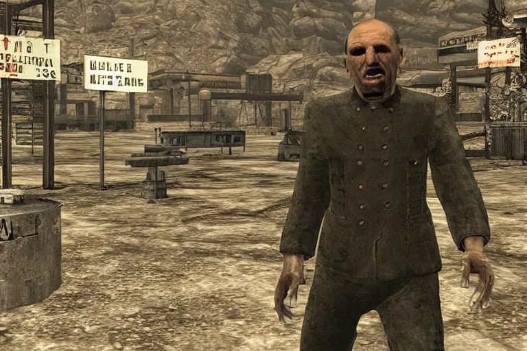 Prompt: Close up screenshot of Janusz Korwin-Mikke in the game Fallout: New Vegas (2010), screenshot of a dialog from Fallout: New Vegas (2010)