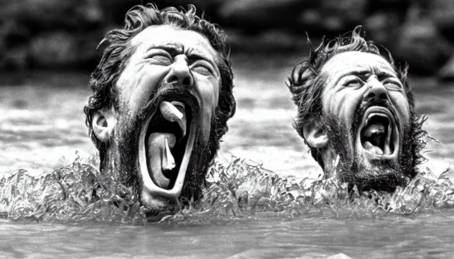 Prompt: 1 9 6 0 s movie still close up of marcus aurelius screaming frozen to death in a river with gravel, pine forests, cinestill 8 0 0 t 3 5 mm b & w, high quality, heavy grain, high detail, texture, dramatic light, anamorphic, hyperrealistic, detailed hair foggy