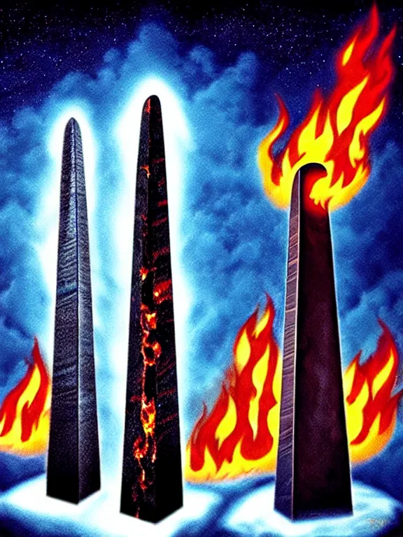 Image similar to savage electric flames engulfing an obsidian obelisk, beautiful, mythical, mystical, highly detailed, hyperrealistic, energy, low light, high contrast, lifelike, bright sky