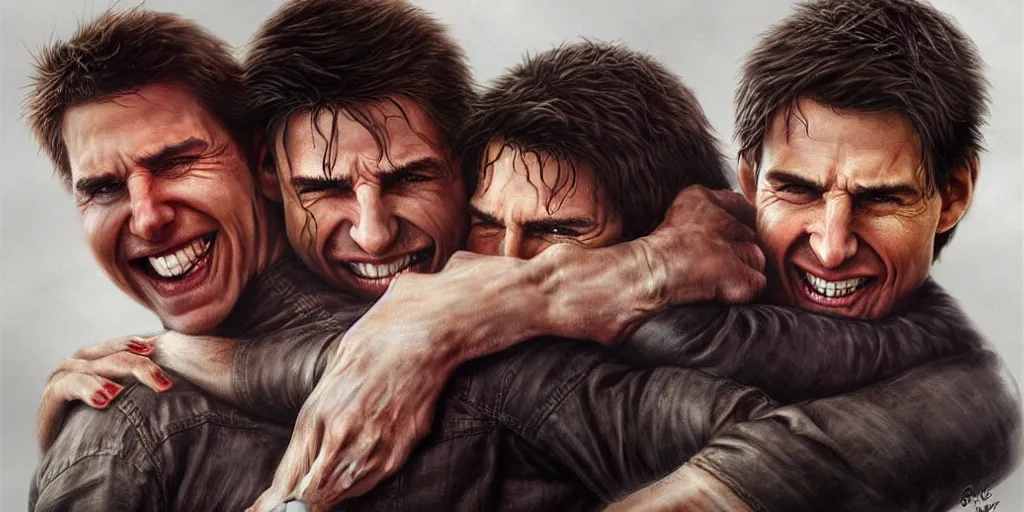 Image similar to hyper realistic tom cruise hugging tom cruise, hugging tom cruise, all overly excited, jaw unhinged with laughter and smiling, all teeth, kinda disturbing but really funny, tom has evil eyes, like super evil looking, by greg rutkowski, scott m fischer, artgerm, loish, slight glow, atmospheric, anne stokes, alexandros pyromallis