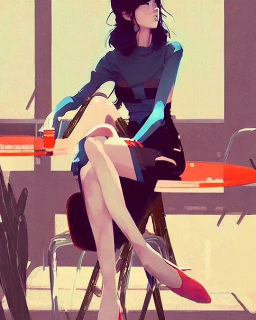 Prompt: a ultradetailed beautiful panting of a stylish woman sitting in a cafe, by conrad roset, greg rutkowski and makoto shinkai, trending on artstation