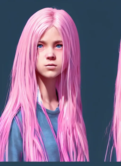 Prompt: concept art for the main character in the award winning film named life is better in pink. the character is a unnaturally beautiful teenage girl with deep dark blue eyes and long curled pink dyed hair, ear showing out of the hair, wearing light pink clothes. realistic cg render, anatomically correct, high key lighting, trending on art station, vibrant colors.