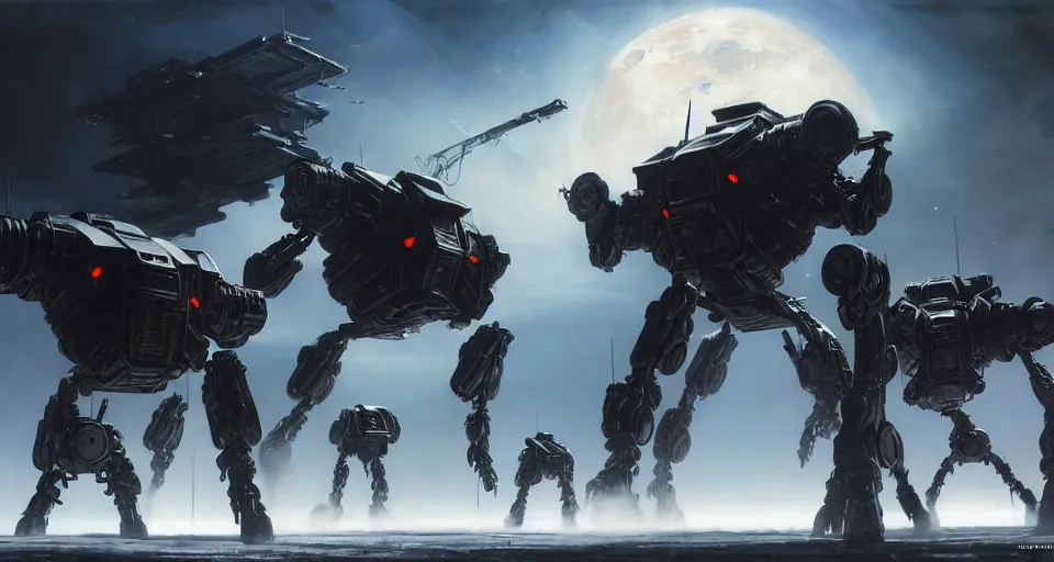 Image similar to hyper realistic sci - fi matte concept art painting of dramatic cinematic battle scene between humanoid battlemechs fighting on the moon, guns, missiles, explosions, beautiful details, strong composition painted by kim jung guweta studio rutkowski, james gurney and greg rutkowski, and lucasfilm, smooth, intricate, detailed, sharp focus, cinematic