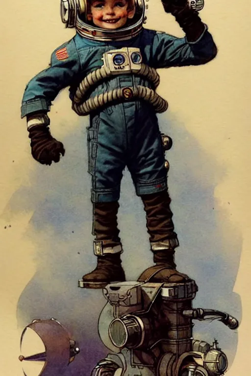 Image similar to ( ( ( ( ( 2 0 5 0 s retro future 1 0 year boy old super scientest in space pirate mechanics costume. muted colors. childrens book, tom lovell ) ) ) ) ) by jean - baptiste monge,!!!!!!!!!!!!!!!!