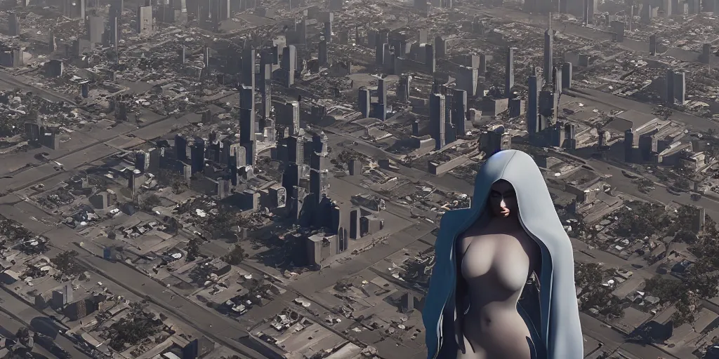 Image similar to cinematic wide angle view of a dystopian kylie jenner statue in the middle of los angeles being worshipped by shadow figures, orwellian, by neil blevins, high detail, digital art, pop art style, death stranding art style, cinematic lighting, artstation, cgsociety, unreal engine 5 render, octane render, 3 5 mm film grain