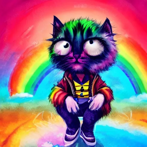 Image similar to wide angle full body, jacket wearing fluffy cute rainbow kitten wearing a black leather motorcycle jacket, riding on a motorcycle, cinematic concept art