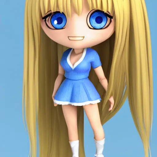 Prompt: 3d render of a blue eyes, blonde long hair, two braids, girl as a cute chibi figurine, blue-white dress, blender, artstation