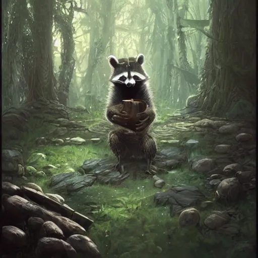 Prompt: raccoon druid casting magic spell in the forest, Greg Rutkowski, trending on artstation,