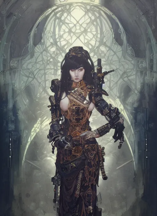 Image similar to portrait of beautiful pale gothic asian maiden, warhammer 40000, cyberpunk, intricate, elegant, highly detailed, digital painting, artstation, concept art, smooth, sharp focus, illustration, art by artgerm and greg rutkowski and alphonse mucha and Gustav Klimt