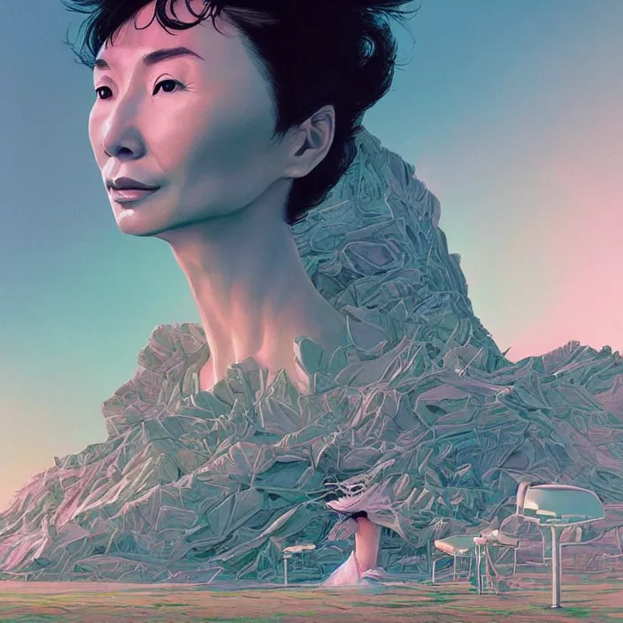 Image similar to maggie cheung, science fiction, extremely detailed, sharp focus, pastel colors, intricate, hard light, illustration, volumetric lighting, digital painting, by roger dean, by santiago calatrava, by simon stalenhag