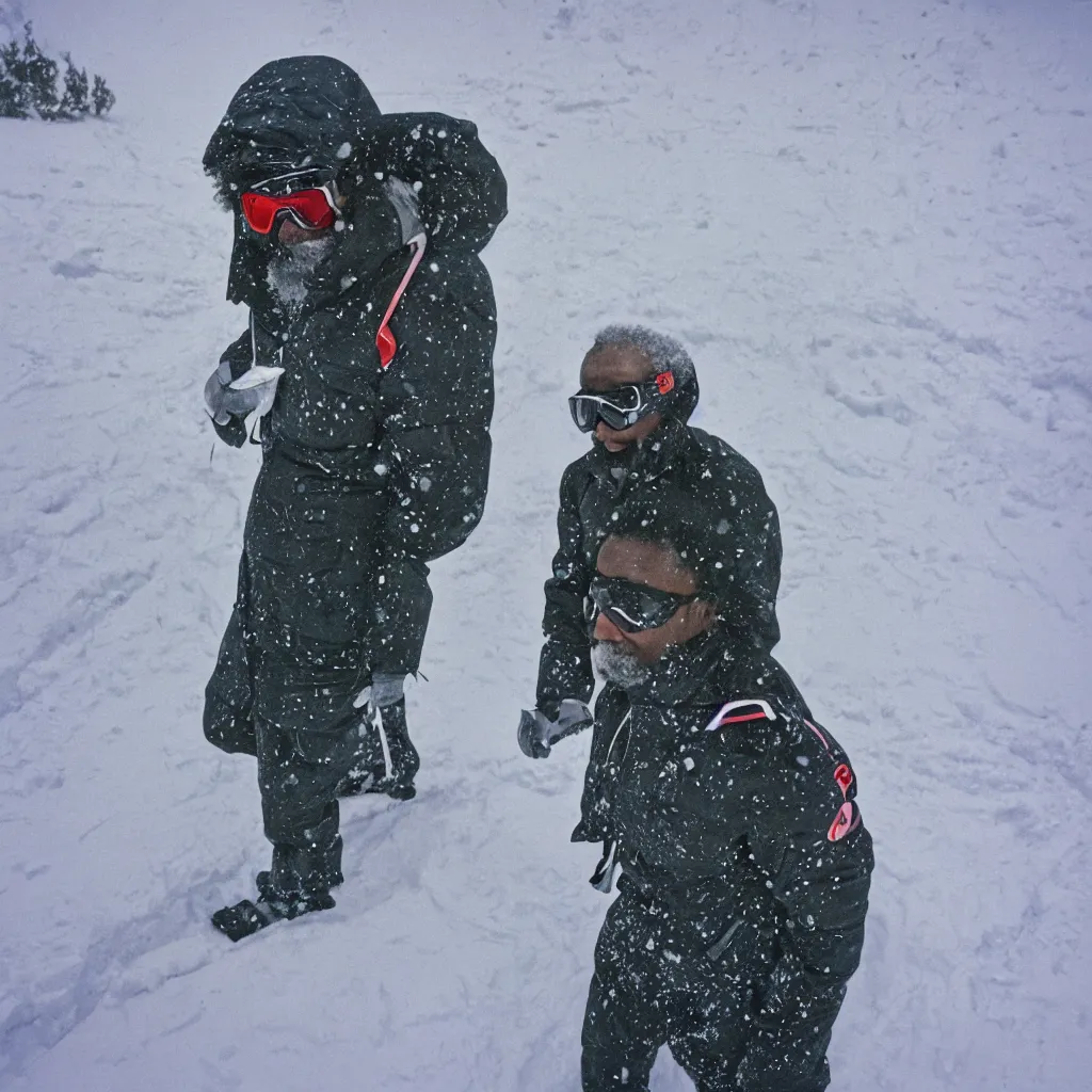 Prompt: photo, old black man wandering in the snow, moncler jacket, ski goggles, wild unkempt hair, mischevious grin, portrait, cold color temperature, snow storm. hazy atmosphere. humidity haze. kodak ektachrome, greenish expired film, award winning, low contrast