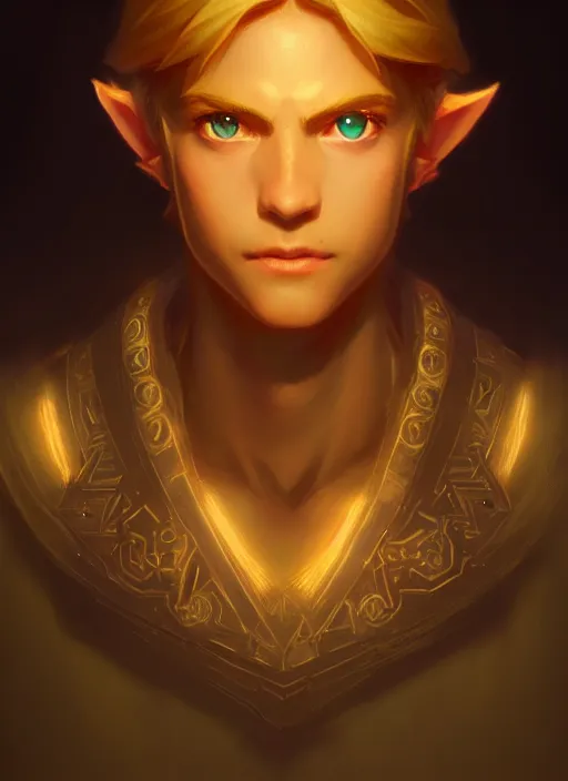 Image similar to portrait of link from the legend of zelda, intricate, elegant, glowing lights, highly detailed, digital painting, artstation, concept art, sharp focus, illustration, art by wlop, mars ravelo and greg rutkowski