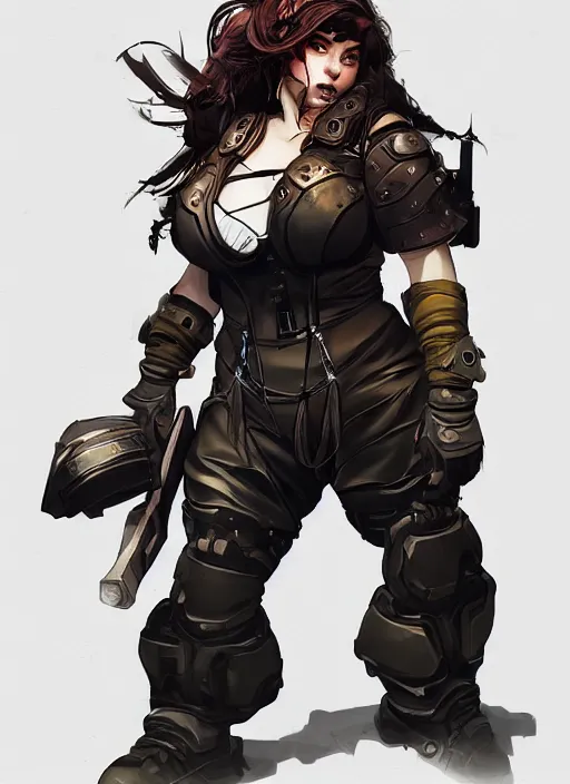 Prompt: portrait of a beautiful curvy female dwarf demolitioner in working clothes. in style of yoji shinkawa and hyung - tae kim, trending on artstation, dark fantasy, great composition, concept art, highly detailed, dynamic pose, vibrant colours.
