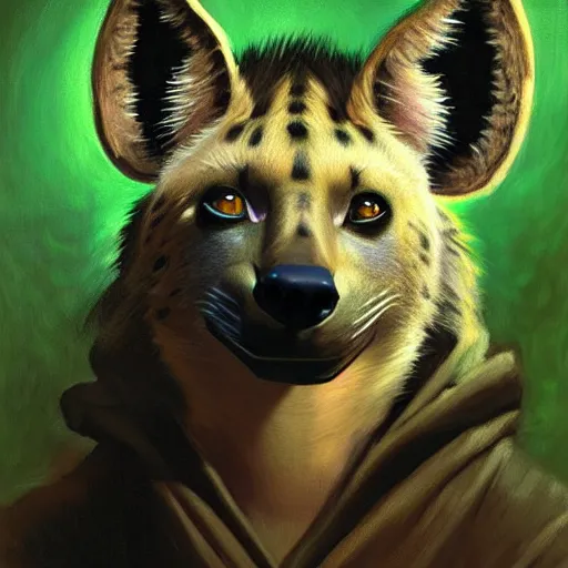 Image similar to a female hyena hyenawoman canine in magic robes at night in a dark forest. zootopia fursona furaffinity furry art detailed face painting by gaston bussiere craig mullins jc leyendecker gustav klimt artgerm greg rutkowski furry