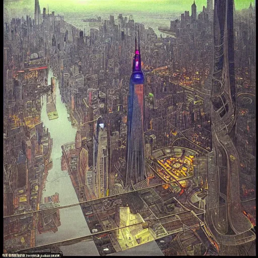 Prompt: “ looking down at a futuristic new york city below, ghostpunk, fog, storm clouds, rain, extremely detailed, by alphonse mucha ”