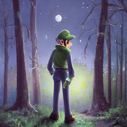 Image similar to an ultra - detailed beautiful painting of waluigi from the mario bros series in a dark forest, moonlight through the trees, oil panting, high resolution 4 k, by ilya kuvshinov, greg rutkowski and makoto shinkai )