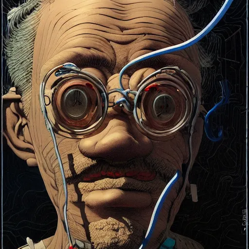 Prompt: old man with mask and wires, soft light painted by james jean and katsuhiro otomo and erik jones, inspired by akira anime, smooth face feature, intricate oil painting, high detail illustration, sharp high detail, manga and anime 1 9 9 9