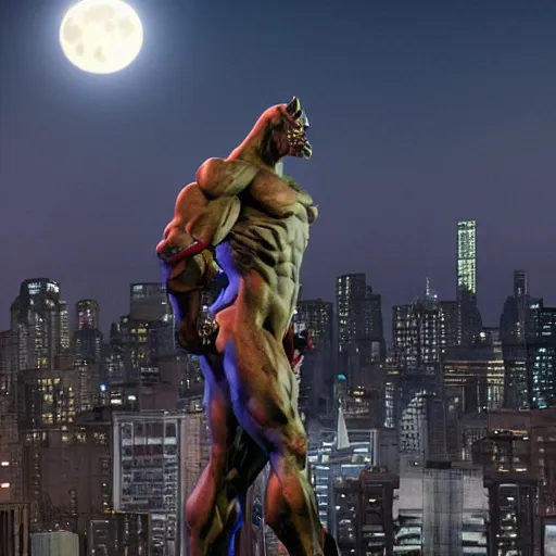 Prompt: a still from the live action film based on the 9 0 s series gargoyles, featuring the hero goliath, posed on top of a building at night, urban, full moon, skyline, new york city, highly detailed, live action cg render