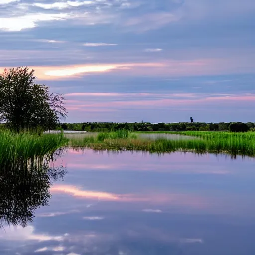 Image similar to a beautiful landscape of the Hoeksche Waard, golden hour, award winning, very detailed, cinematic atmospheric masterpiece