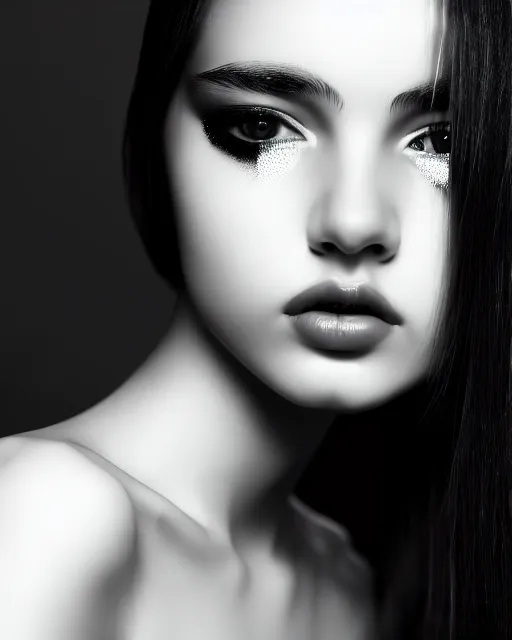 Image similar to black and white dreamy young beautiful female creature vegetal - cyborg high quality portrait photo, microchip skin, artificial intelligence, cinematic, rim light, photo - realistic, elegant, high detail, 8 k, masterpiece, high fashion, photo taken in 1 9 3 0