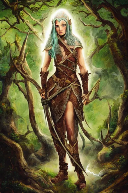 Image similar to Epic painting of a fierce female elven warrior blessed by the light of the forest