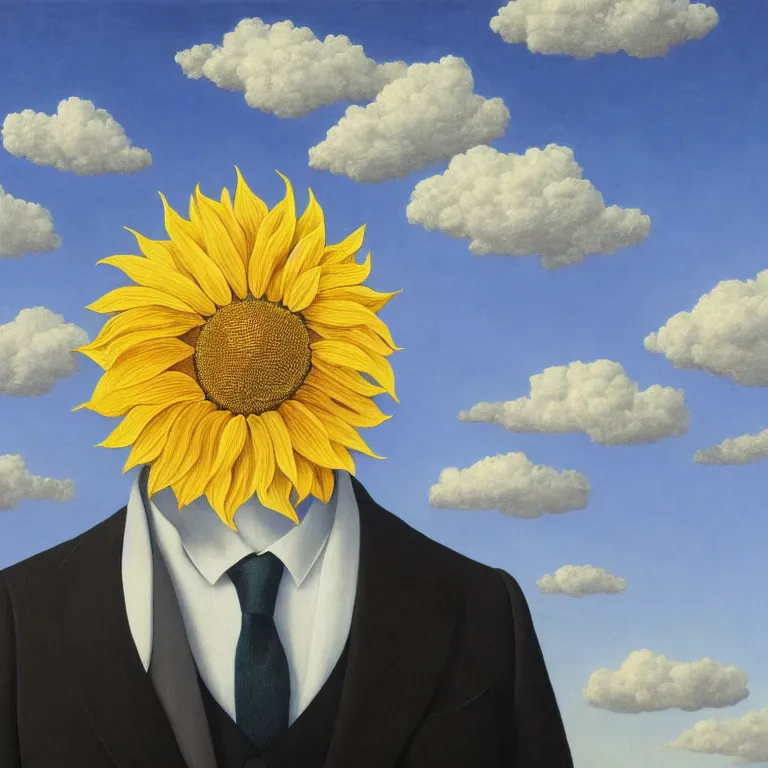 Image similar to portrait of a faceless sunflower - head man in a suit, clouds in the background, by rene magritte, detailed painting, distance, centered, hd, hq, high resolution, high detail, 4 k, 8 k