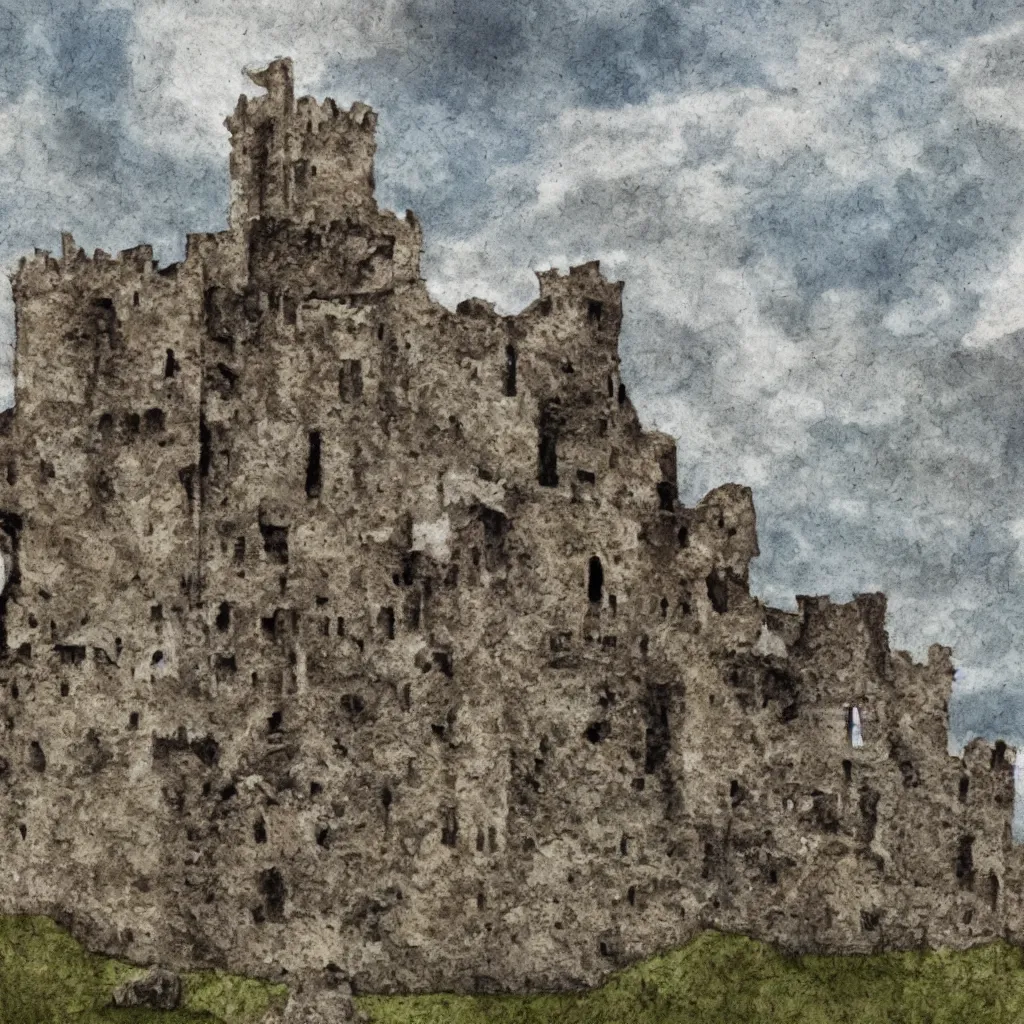 Prompt: ruins of a castle in a dry moutain with a cloudy sky, digital painting, impressinism